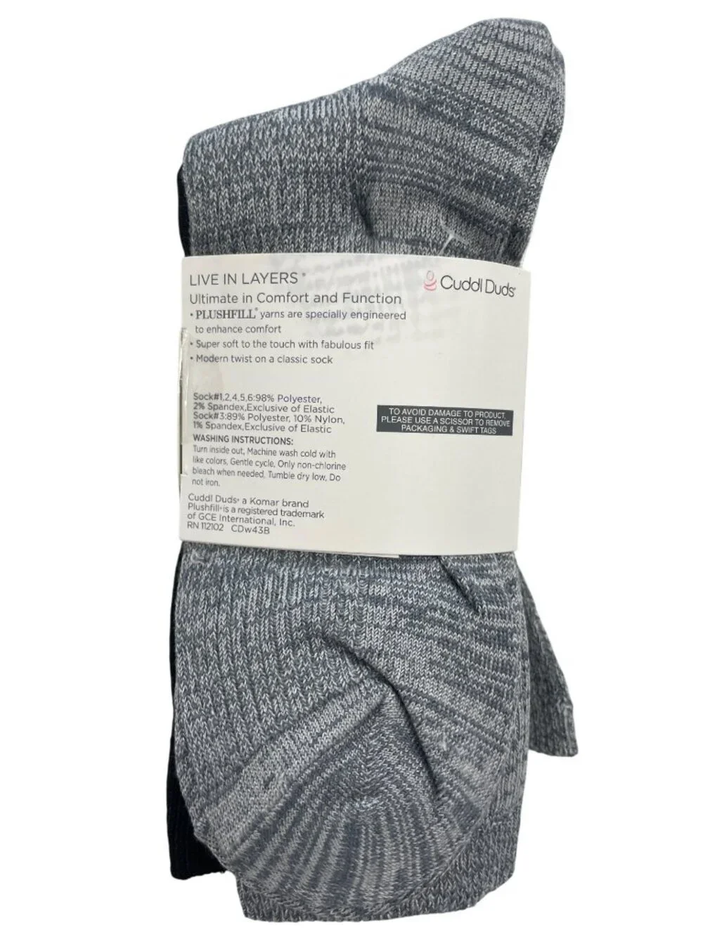 Cuddl Duds Socks 6-Pack Crew Plushfill Super Soft Shoe Black Gray Size 4-10 NWT